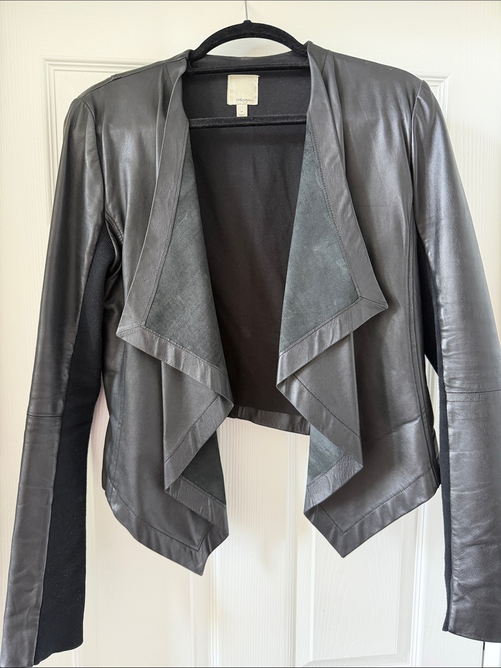 Leather Draped Open-Front Jacket - Black